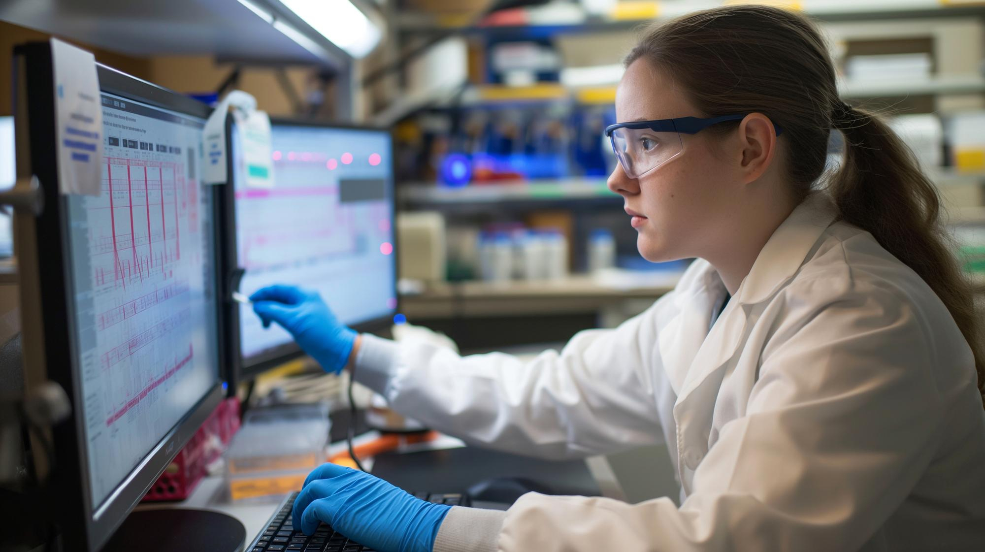 Close-up of a biotech researcher analyzing fragmented data on multiple screens in a complex laboratory environment, symbolizing R&D instability.